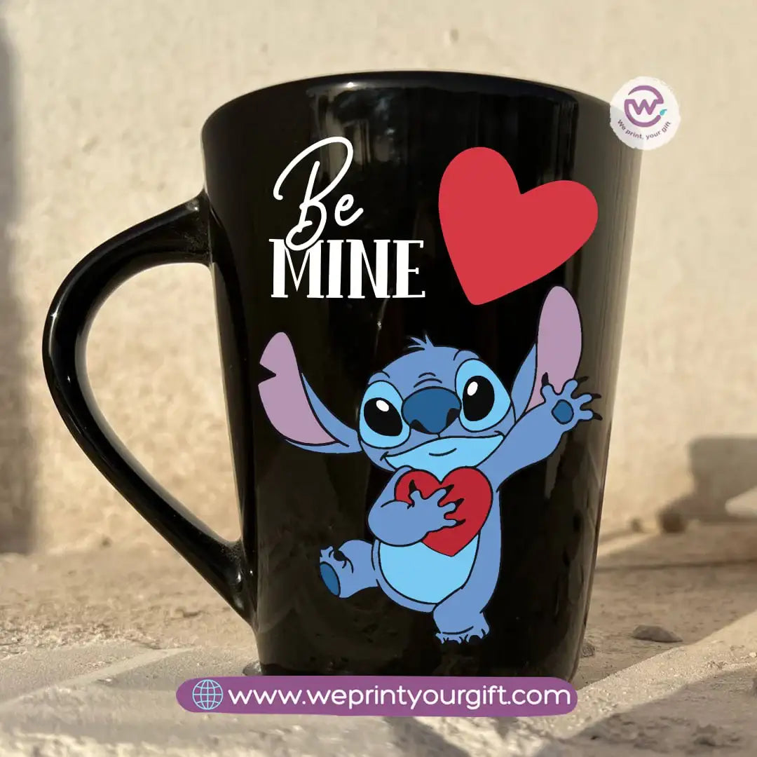 Stitch Valentine’s Edition Black Conical Porcelain Mug – 350 ml | UV Raised Sticker Printing - WE PRINT