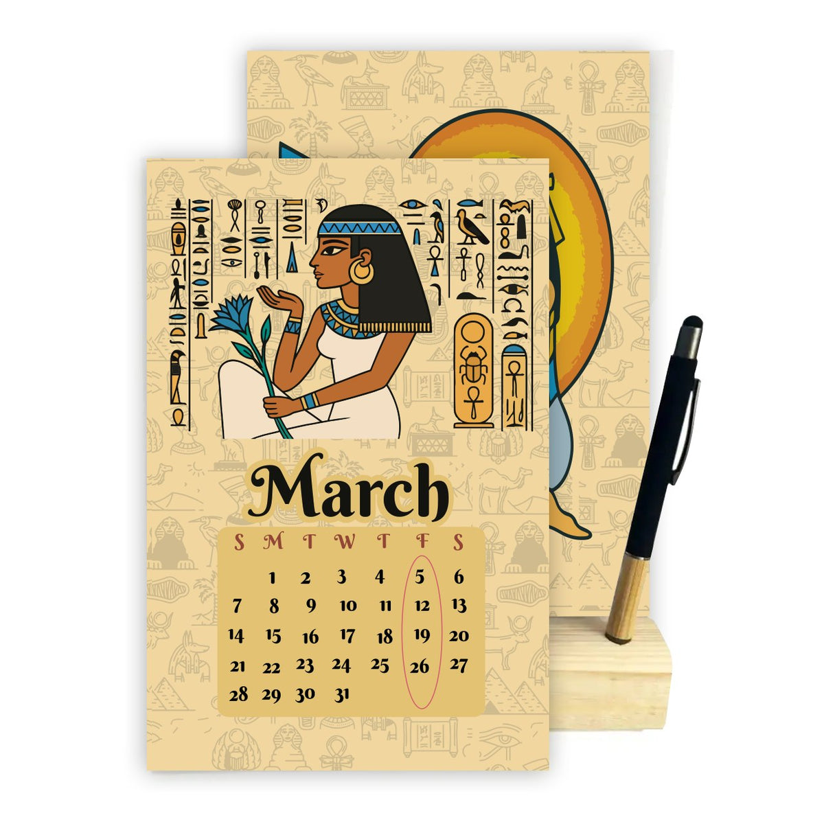 2027 Ancient Egyptian Desk Calendar – Pharaonic Art Collection | Wooden Stand & Bamboo Touch Pen