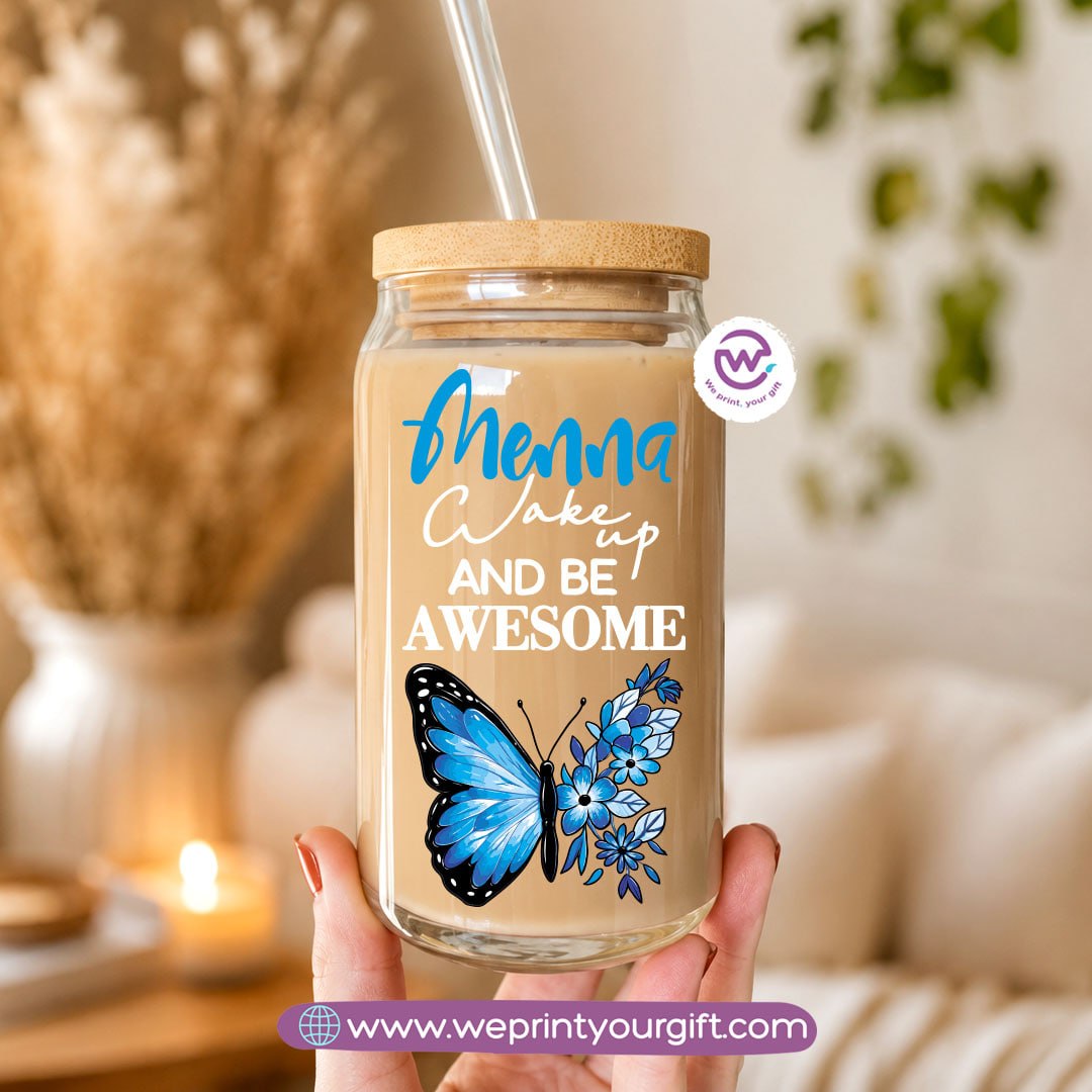 Butterfly Designs Glass Cup with Bamboo Lid & Reusable Glass Straw