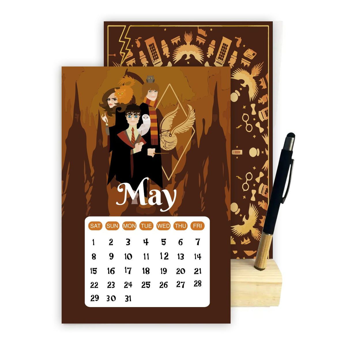 HARRY POTTER 2027 Desk Calendar – Magical Monthly Designs with Wooden Stand & Bamboo Touch Pen