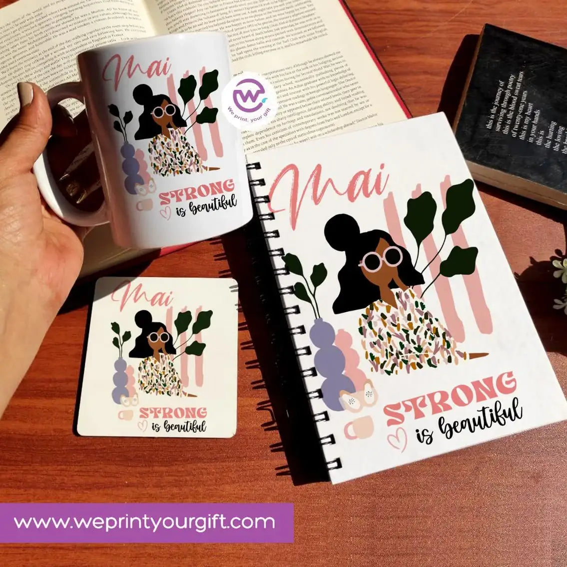 3-Piece Motivational Gift Set | Mug, Wooden Coaster & Hard Cover Notebook - WE PRINT