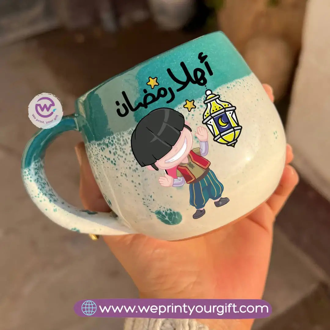 Green & White Handmade Pottery Mug with Ramadan Designs - WE PRINT