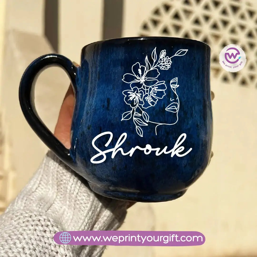 Dark Blue Handmade Pottery Mug – 350 ml | Personalized Name & Line Art Designs - WE PRINT