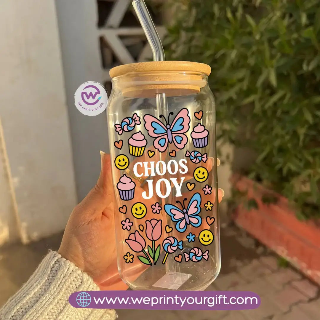 Round Glass Mug with Bamboo Lid & Glass Straw | Motivational Doodle Designs – 400 ml - WE PRINT