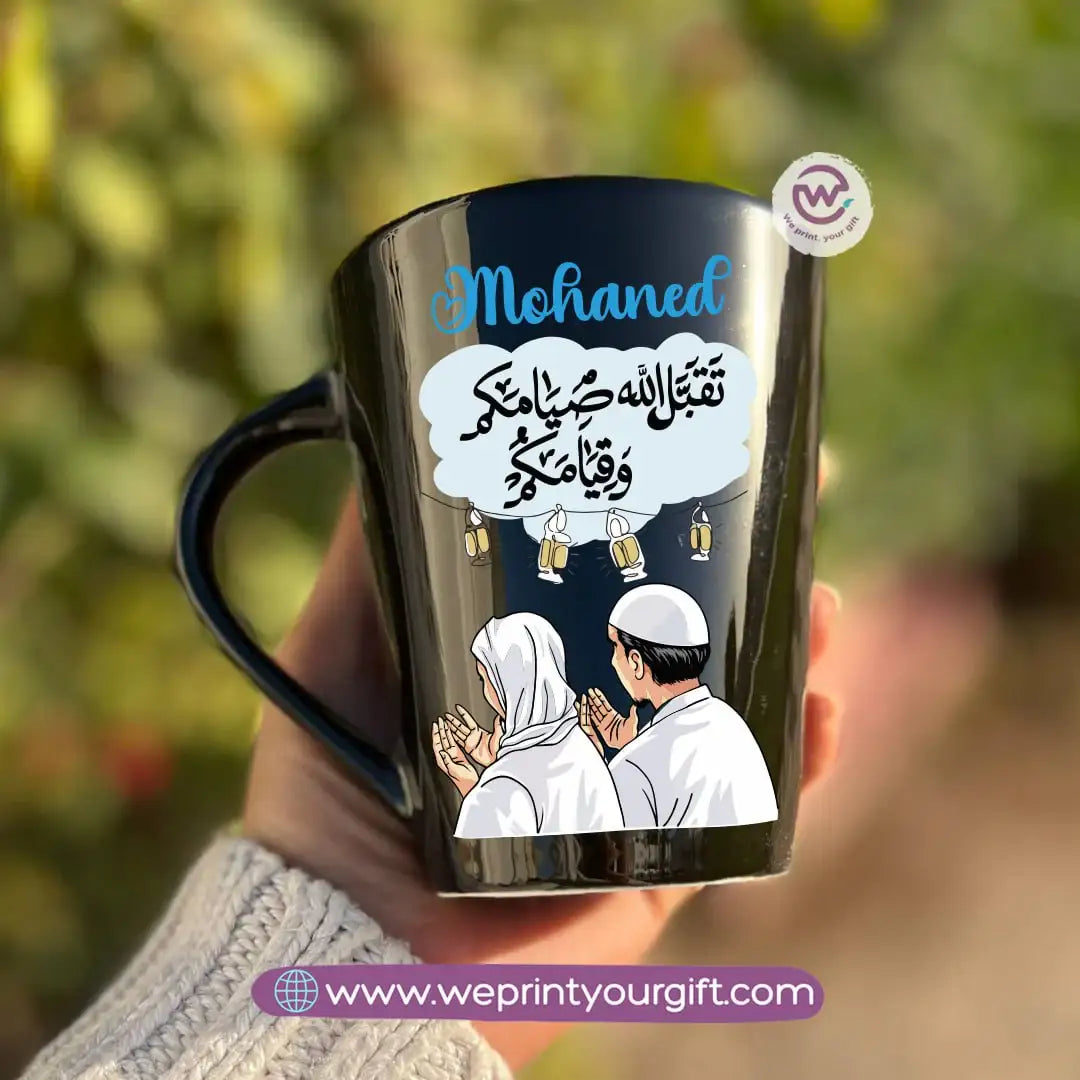 Ramadan Edition Black Conical Porcelain Mug – 350 ml | Islamic Digital Art Designs | UV Raised Sticker Printing - WE PRINT