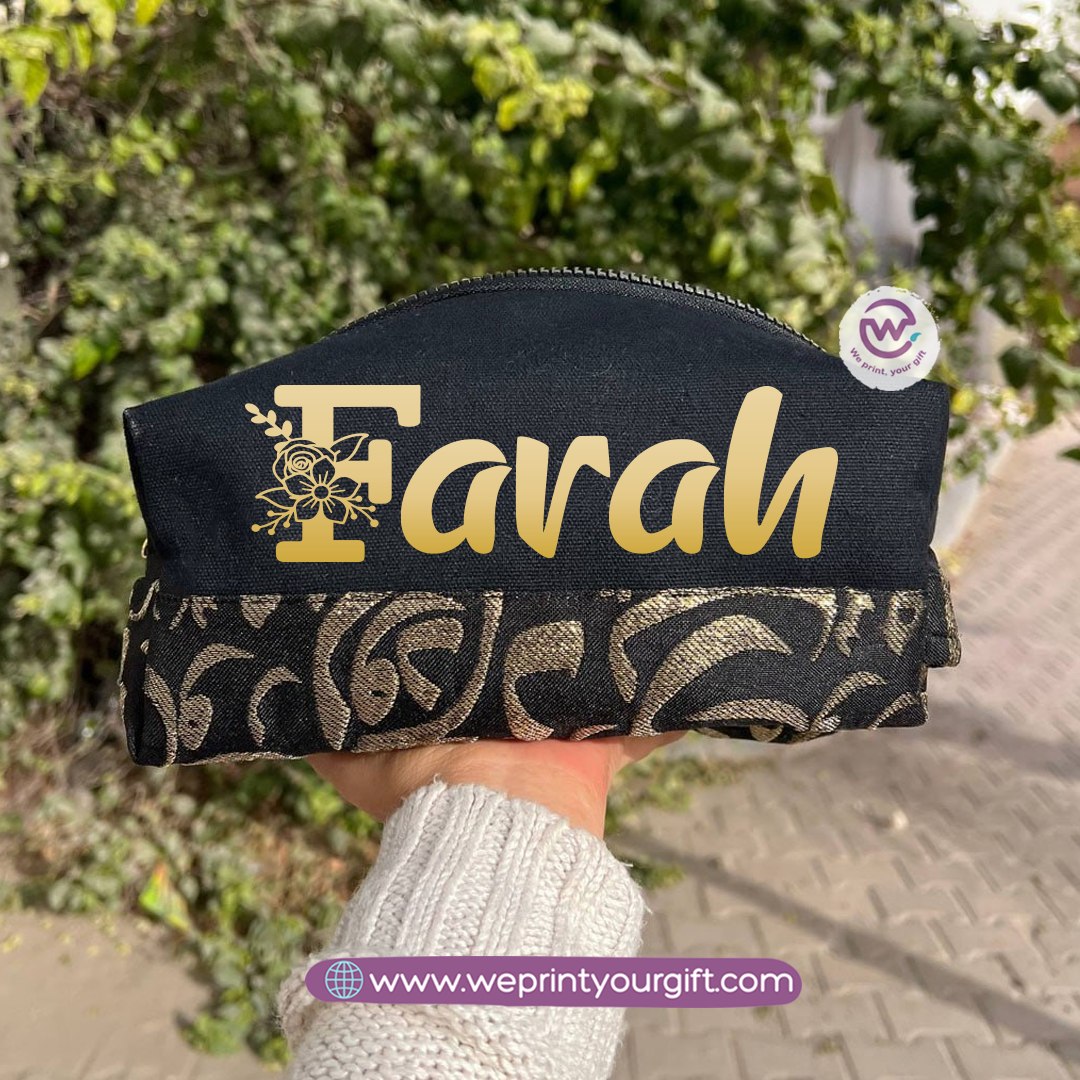 Islamic Pattern Golden Name Boxy Pouch – Personalized Cotton Makeup & Pencil Case