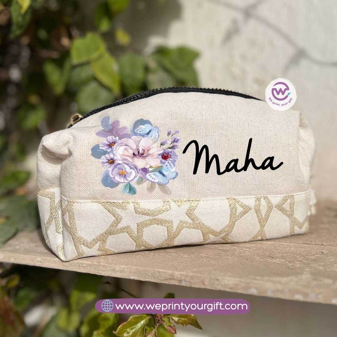 Islamic Pattern Floral Name Boxy Pouch – Personalized Cotton Makeup & Pencil Case