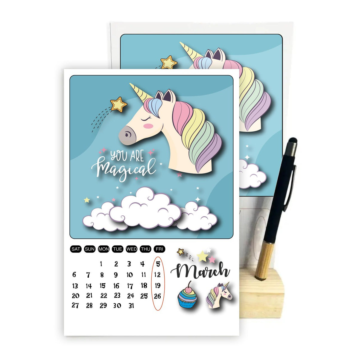 Magical Unicorn 2027 Desk Calendar with Wooden Stand & Bamboo Stylus Pen – Pastel Rainbow Collection