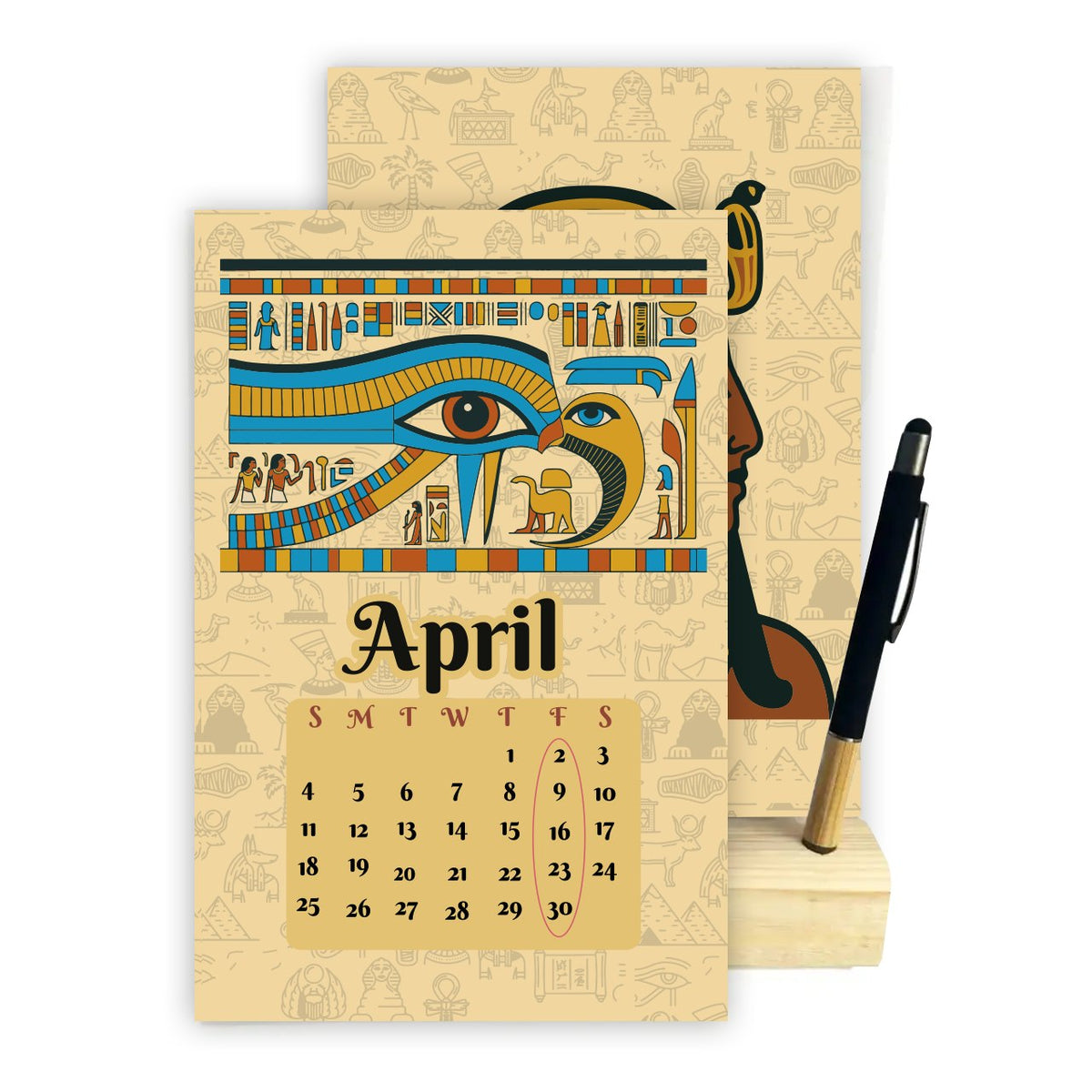 2027 Ancient Egyptian Desk Calendar – Pharaonic Art Collection | Wooden Stand & Bamboo Touch Pen