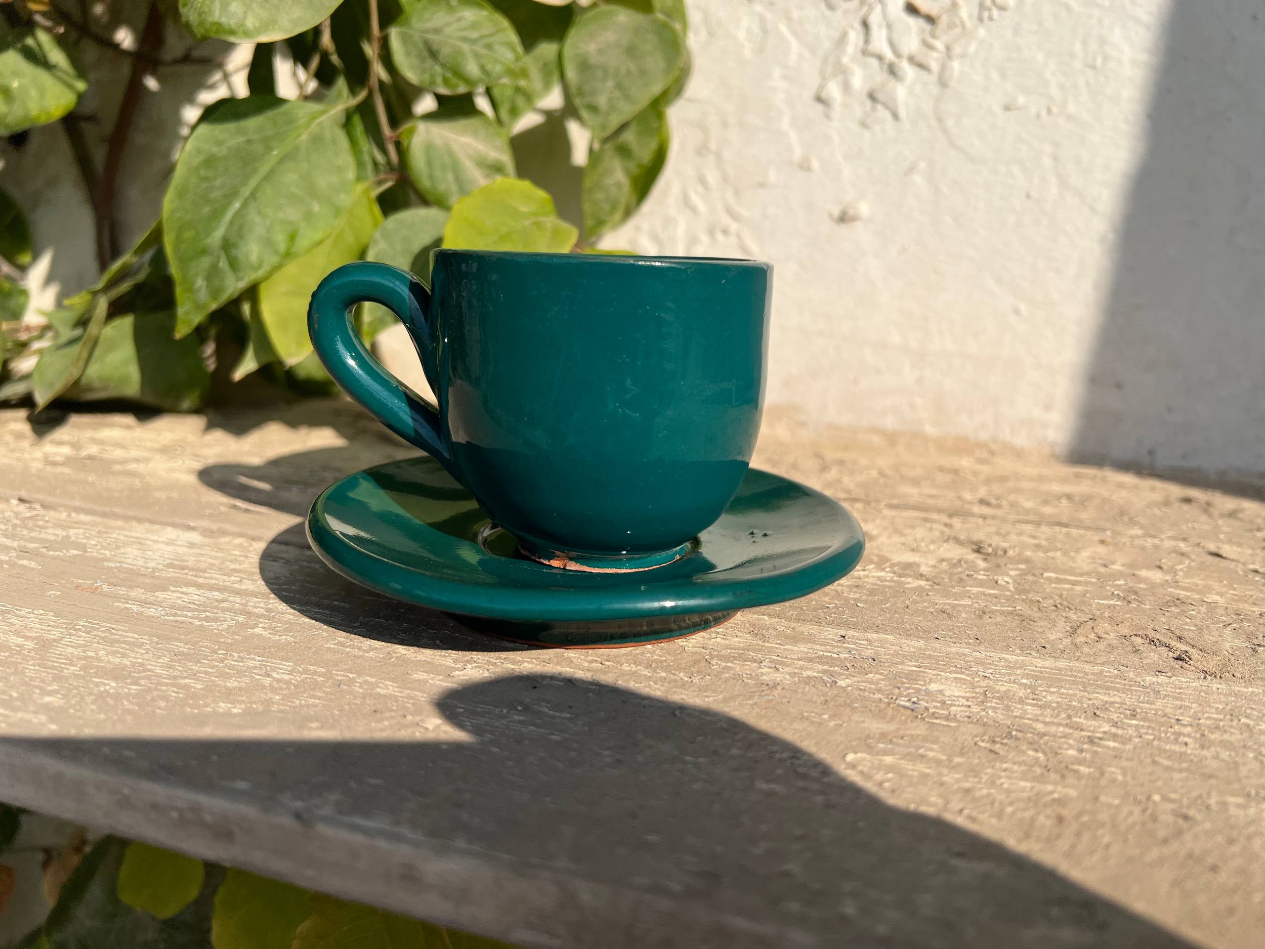 Petrol Green Handmade Pottery Coffee Cup with Saucer – 200 ml | Customization Options