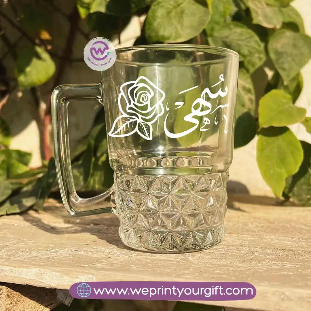 Personalized Clear Crystal Pattern Glass Mug with Arabic Name Typography – 250 ml - WE PRINT