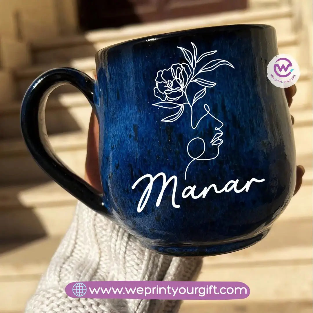 Dark Blue Handmade Pottery Mug – 350 ml | Personalized Name & Line Art Designs - WE PRINT