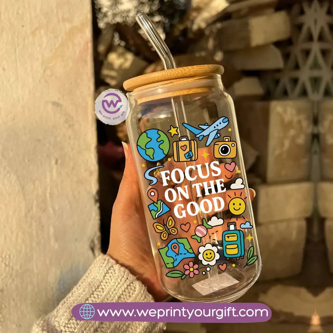 Round Glass Mug with Bamboo Lid & Glass Straw | Motivational Doodle Designs – 400 ml - WE PRINT