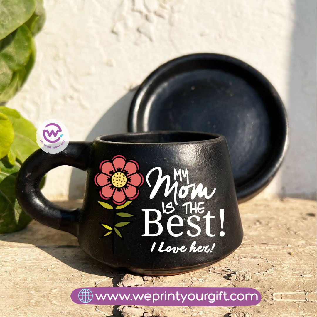 Mother’s Day Black Handmade Pottery Coffee Cup with Saucer – 200 ml | UV Raised Sticker Printing
