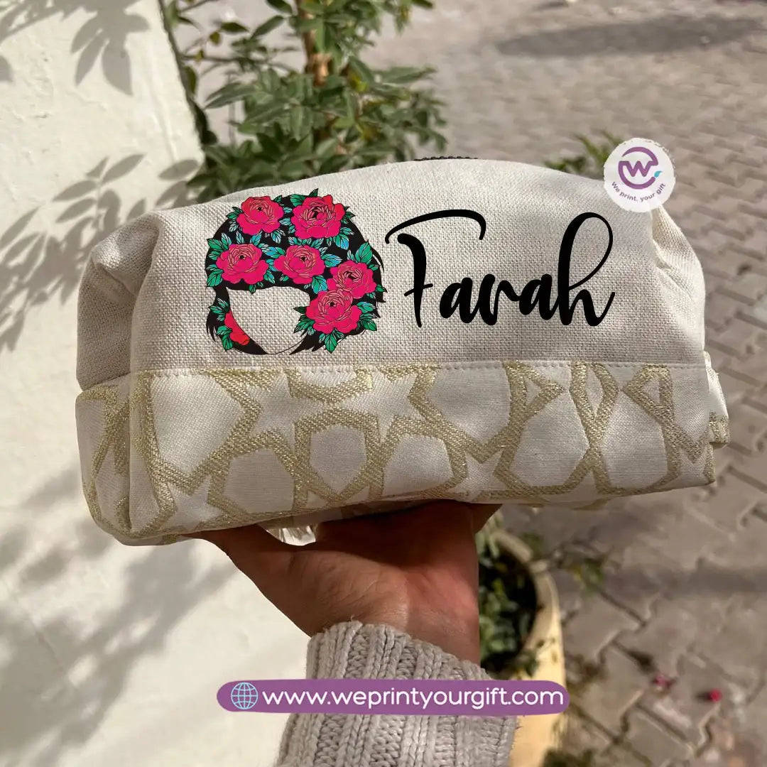 Islamic Pattern Floral Name Boxy Pouch โ Personalized Cotton Makeup & Pencil Case