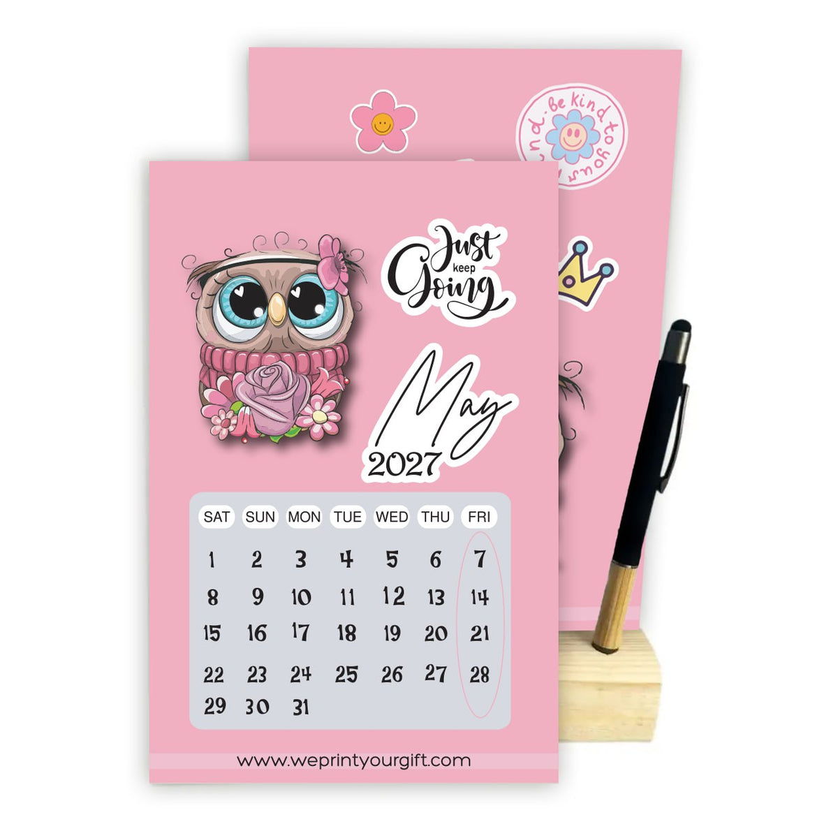 Cute Owl 2027 Desk Calendar with Wooden Stand & Bamboo Stylus Pen – Pink Motivational Collection