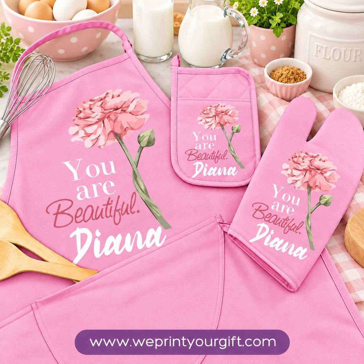 Personalized Name & Motivational Quote 3-Piece Kitchen Set (Apron, Oven Mitt & Pot Holder) + Optional Chef Hat