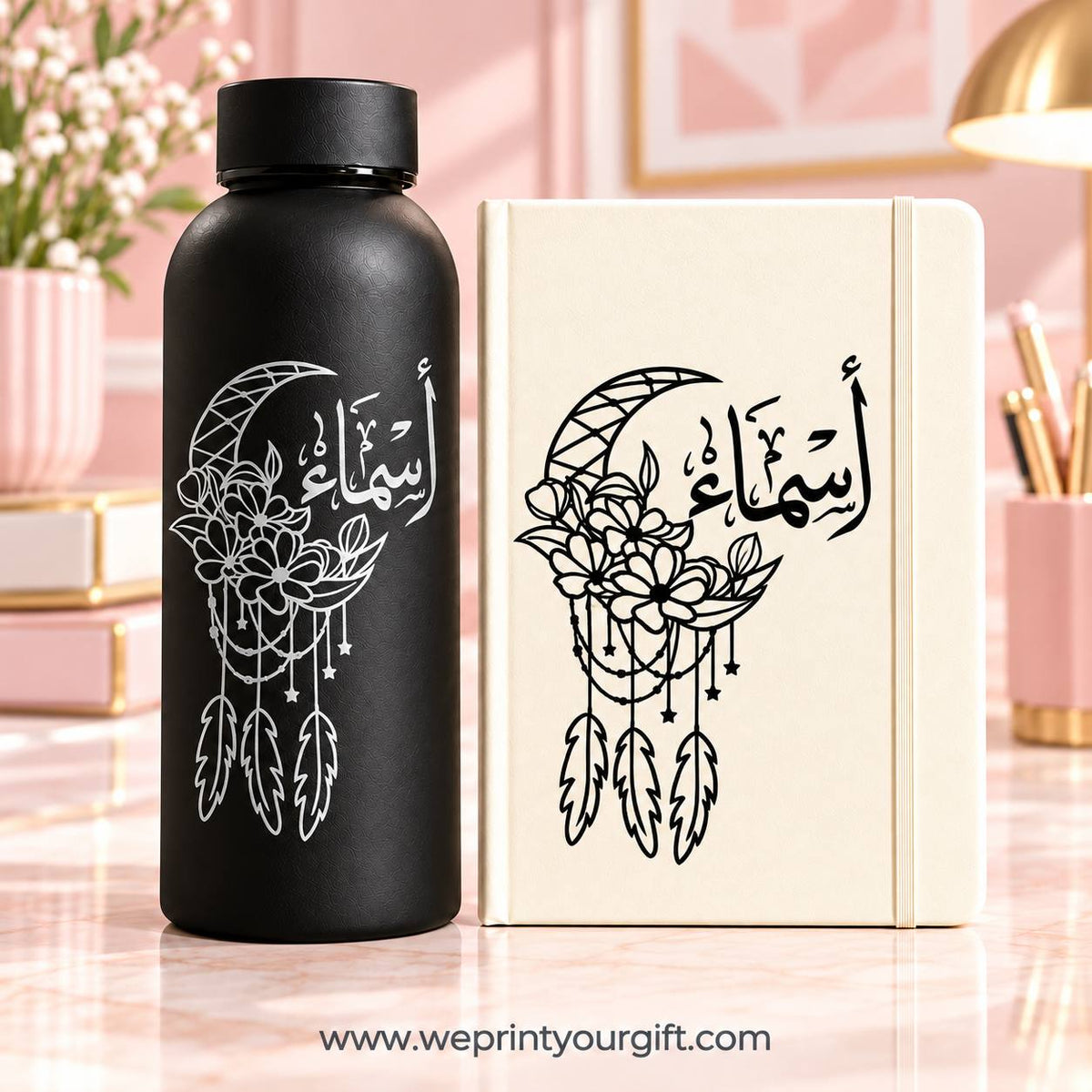 Personalized Name Gift Set – Thermal Water Bottle & Rubber Cover Notebook with Custom Name and Elegant Floral Designs
