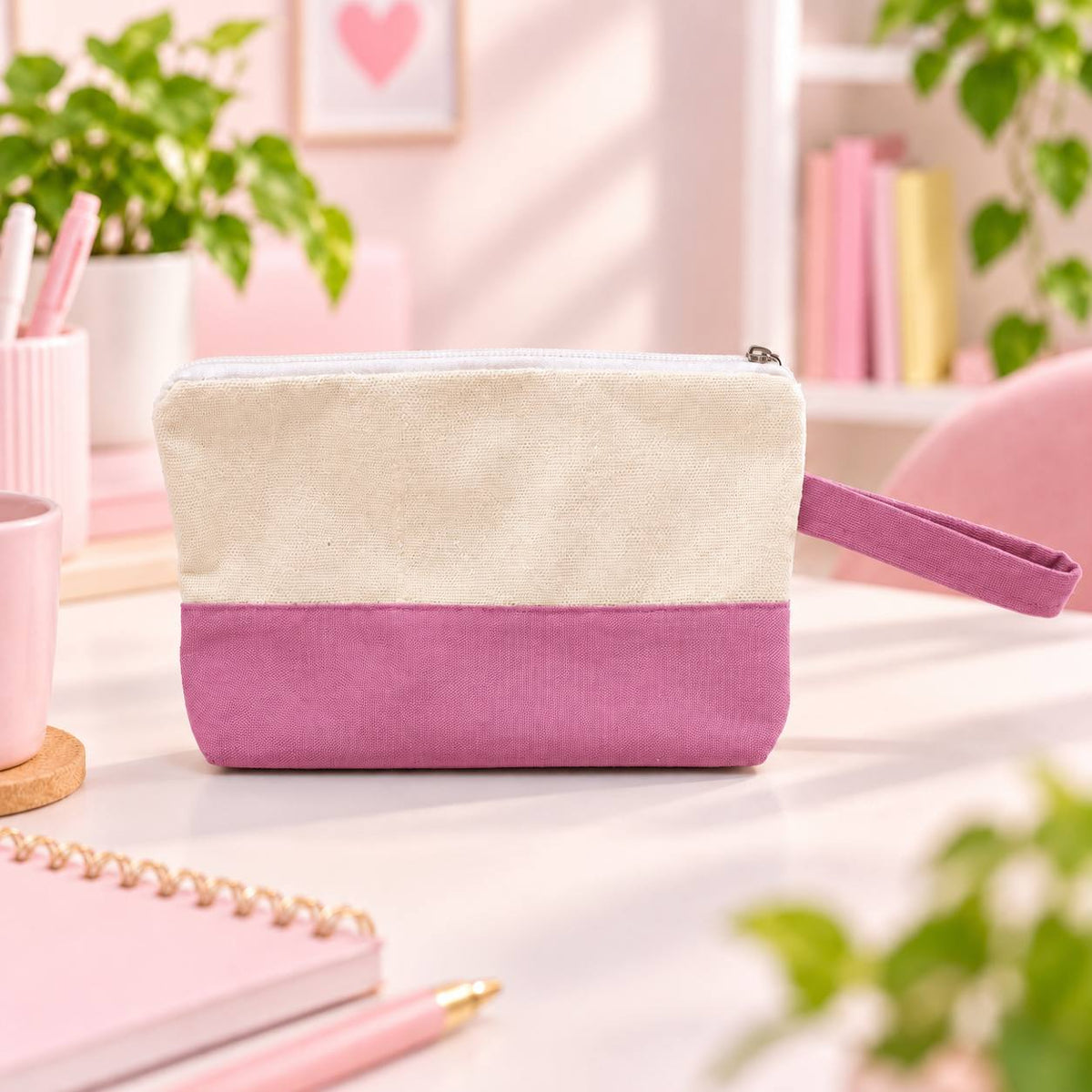 Two-Tone Canvas Pencil Case & Makeup Pouch | With Side Handle -Customization Options
