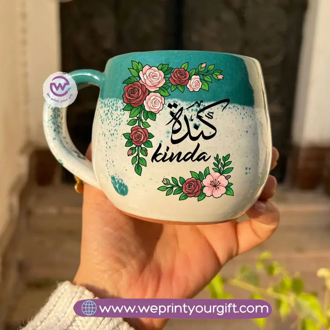 Green & White Handmade Pottery Mug with Floral Name Design - WE PRINT