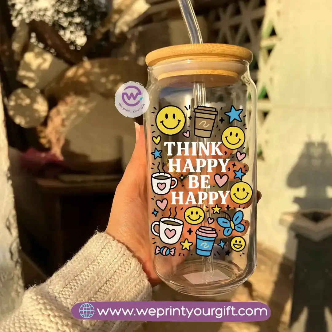 Round Glass Mug with Bamboo Lid & Glass Straw - Customization options - WE PRINT