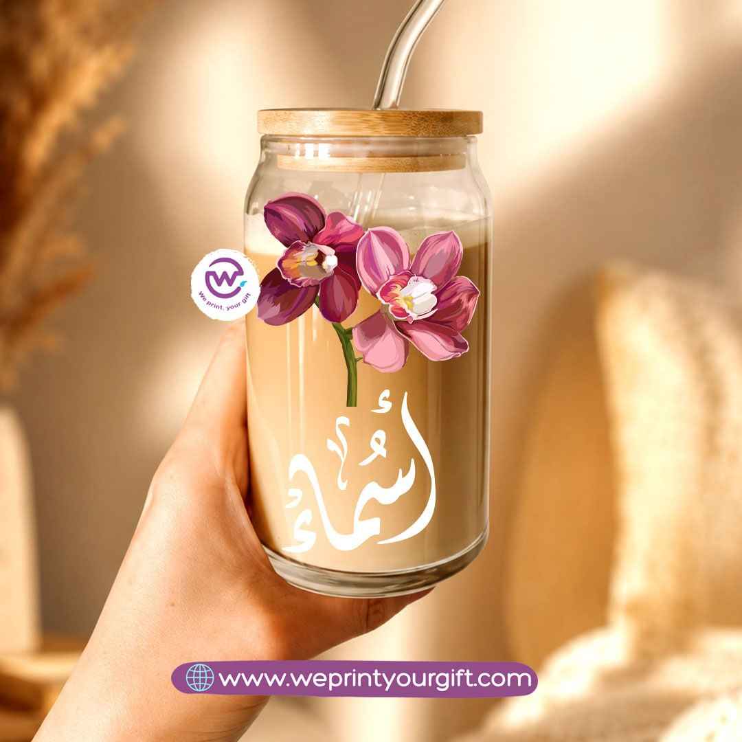 Floral Name Designs Glass Cup with Bamboo Lid & Reusable Glass Straw