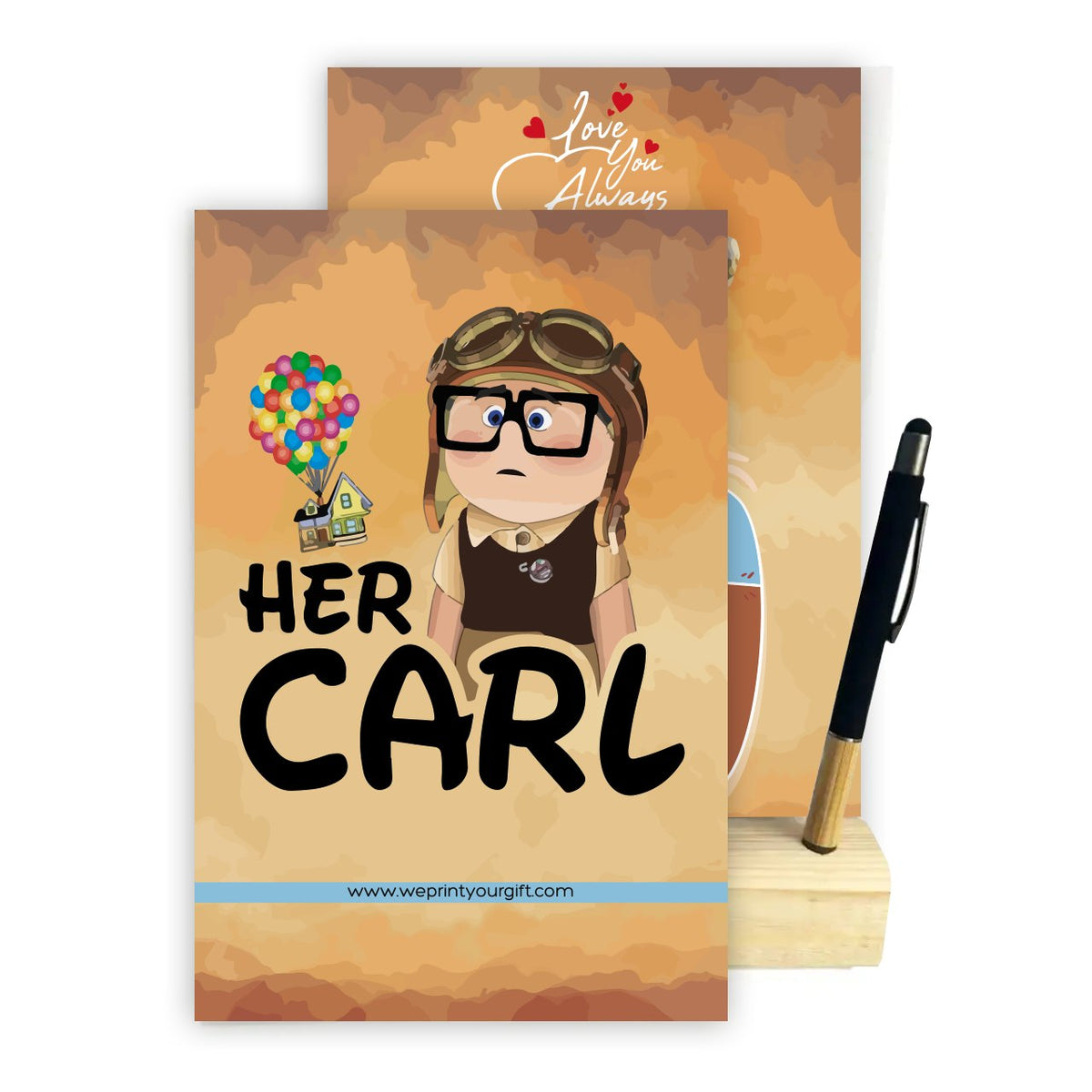 2027 Desk Calendar – Love & Balloon Adventure | Romantic Cartoon Design with Wooden Stand & Bamboo Touch Pen