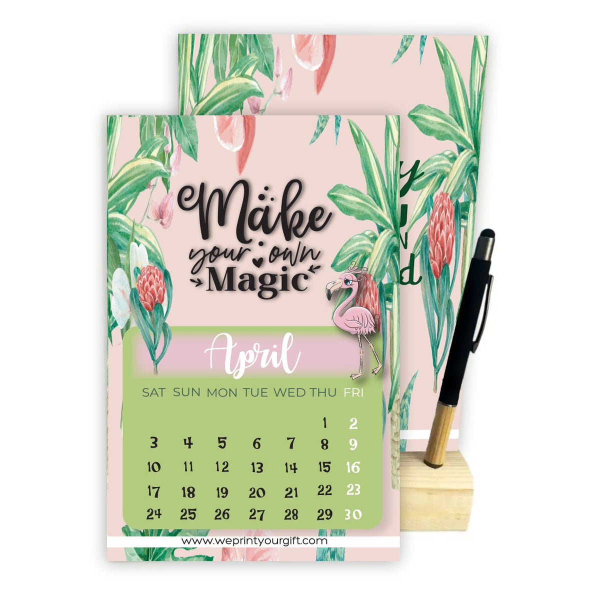 2027 Tropical Flamingo Desk Calendar – A5 Monthly Motivational Calendar with Wooden Stand & Bamboo Touch Pen