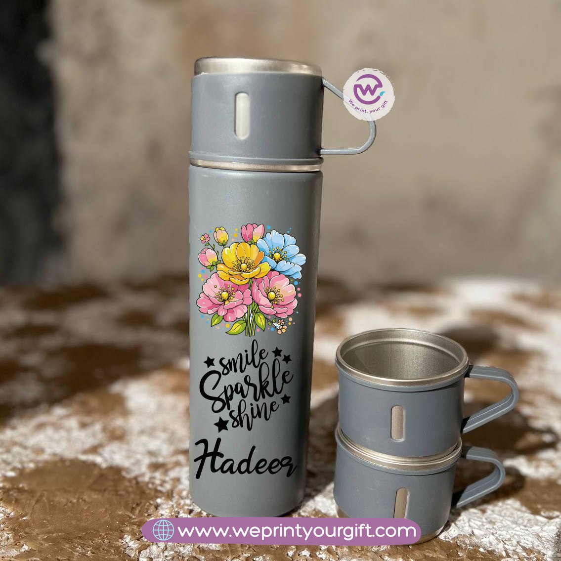 Floral Name Thermal Flask with Two Extra Cups – 500ml
