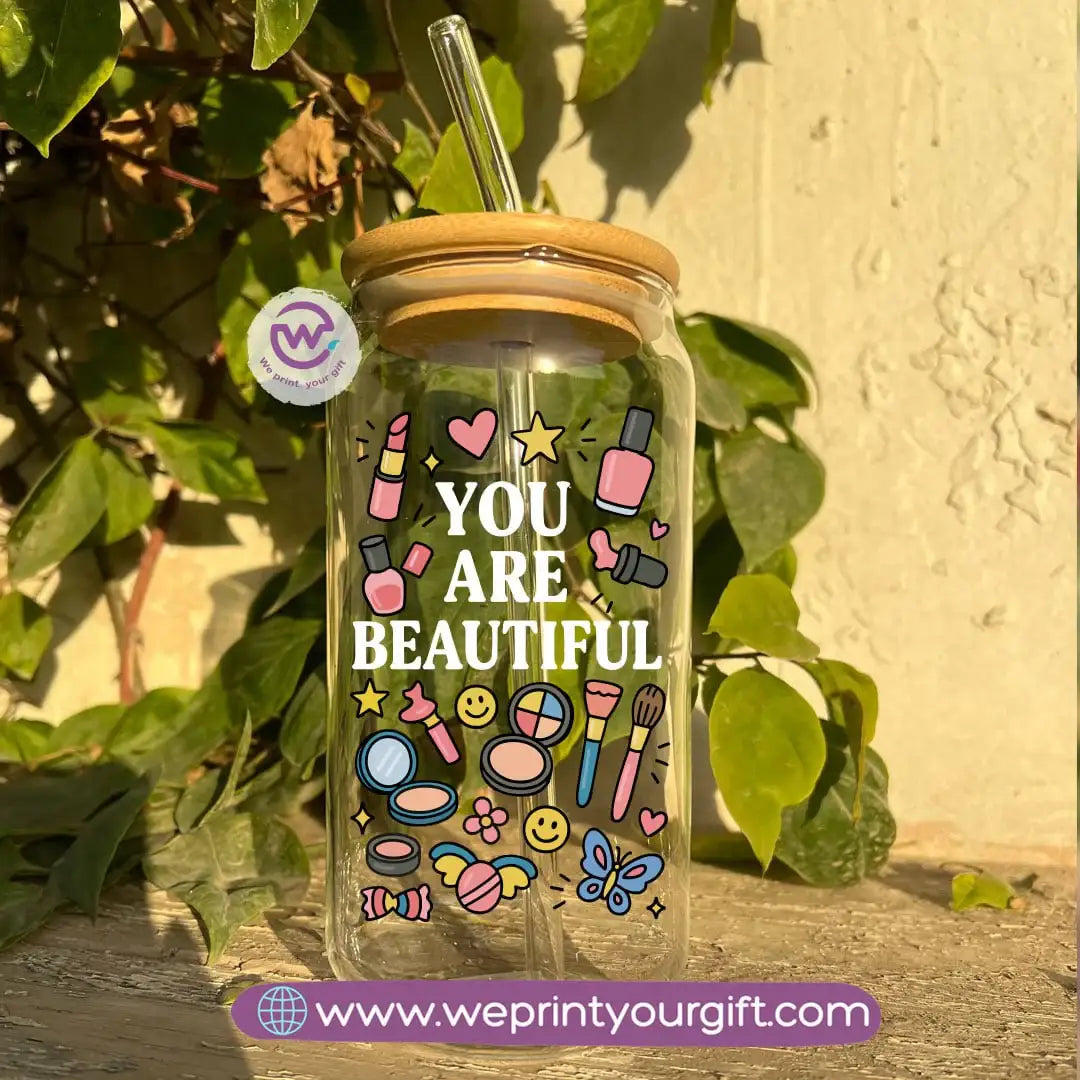 Round Glass Mug with Bamboo Lid & Glass Straw | Motivational Doodle Designs – 400 ml - WE PRINT