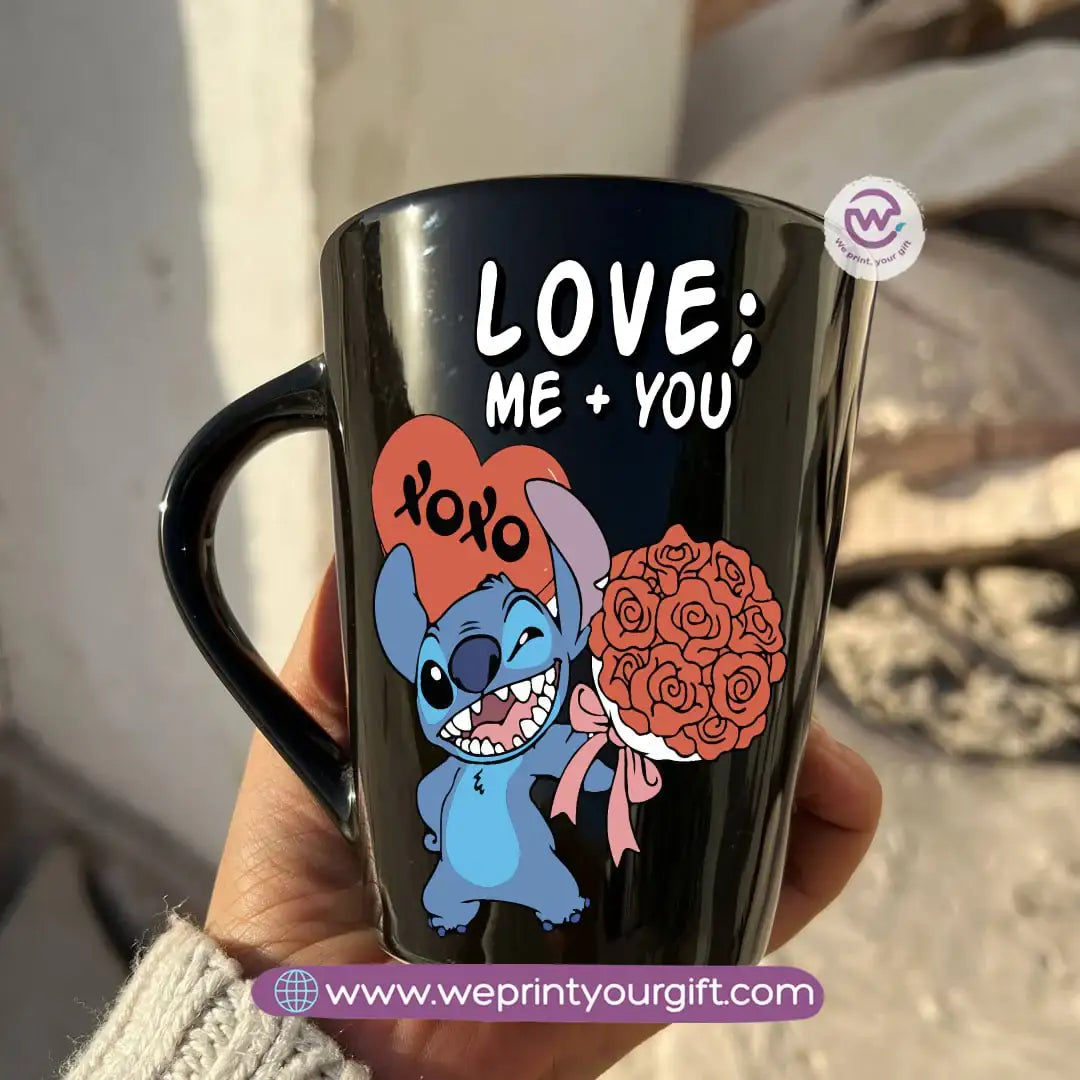 Stitch Valentine’s Edition Black Conical Porcelain Mug – 350 ml | UV Raised Sticker Printing - WE PRINT