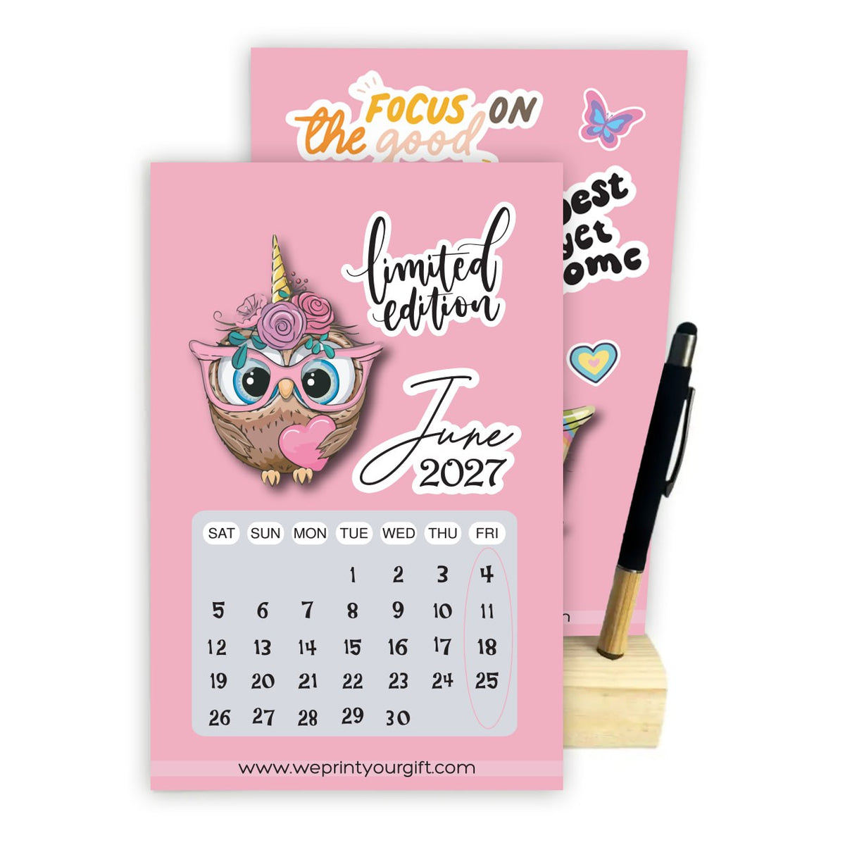 Cute Owl 2027 Desk Calendar with Wooden Stand & Bamboo Stylus Pen – Pink Motivational Collection