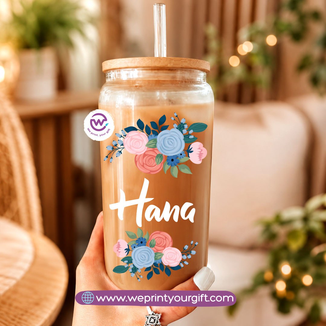 Floral Name Designs Glass Cup with Bamboo Lid & Reusable Glass Straw