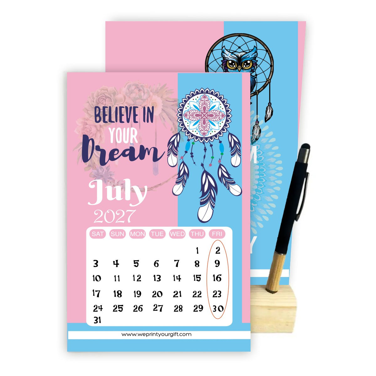 2027 Dream Catcher Desk Calendar – Inspirational Quotes with Wooden Stand & Bamboo Touch Pen