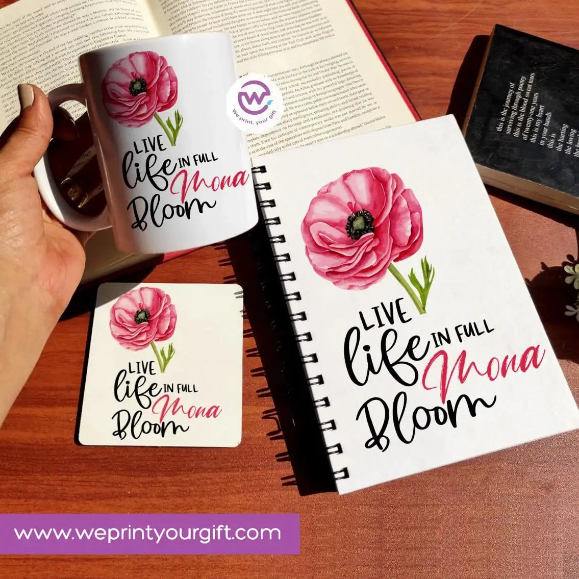 3-Piece Motivational Gift Set | Mug, Wooden Coaster & Hard Cover Notebook - WE PRINT