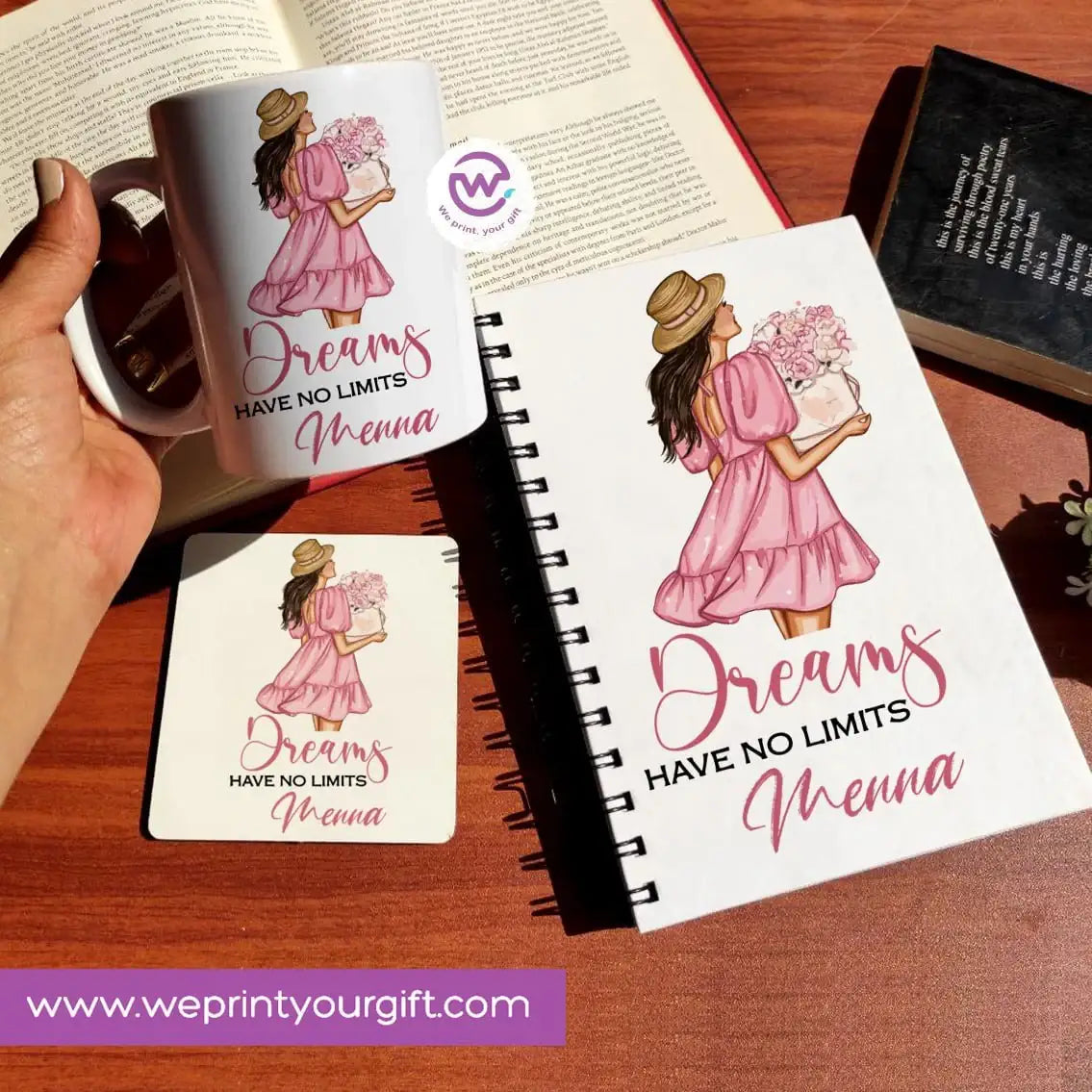 3-Piece Motivational Gift Set | Mug, Wooden Coaster & Hard Cover Notebook - WE PRINT