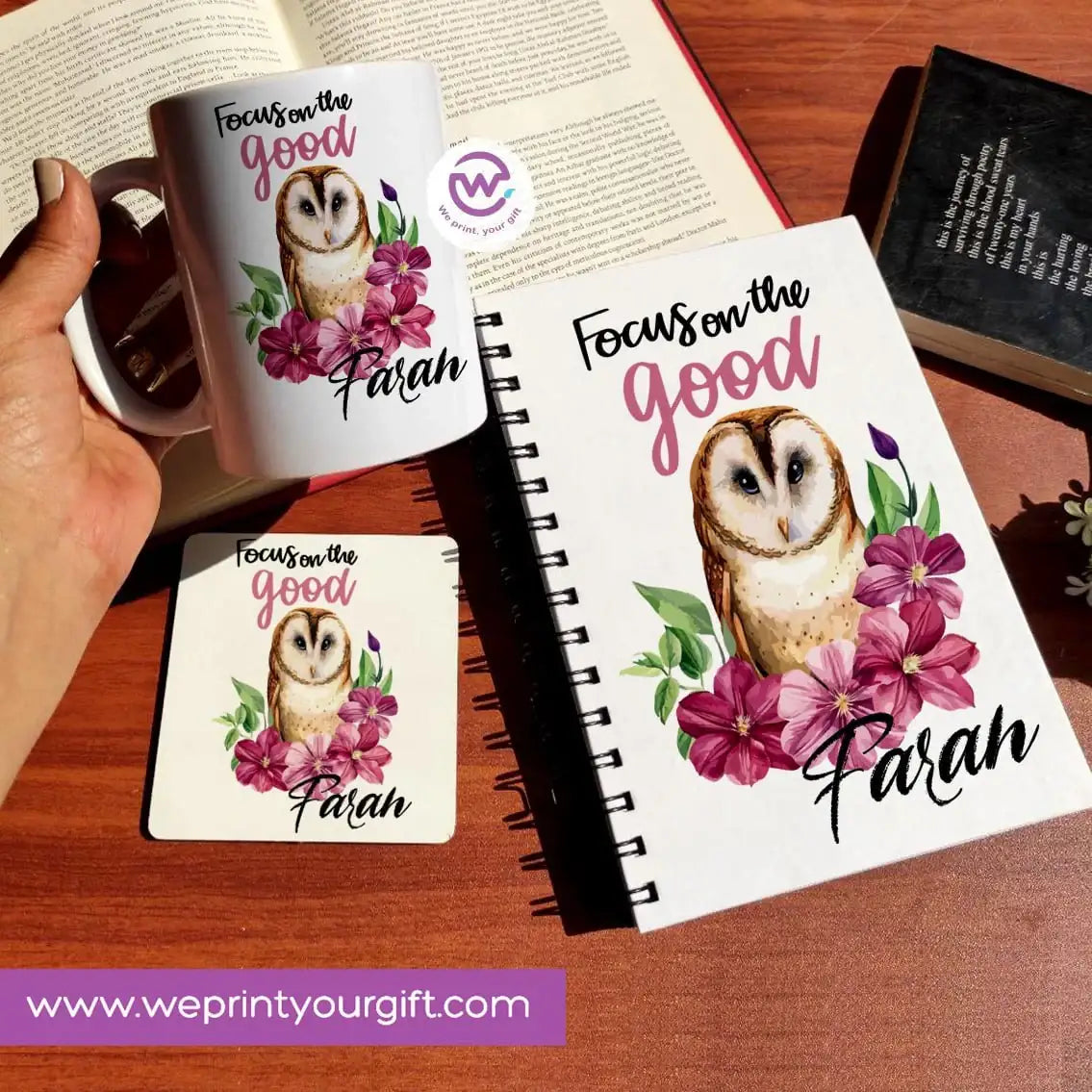 3-Piece Motivational Gift Set | Mug, Wooden Coaster & Hard Cover Notebook - WE PRINT