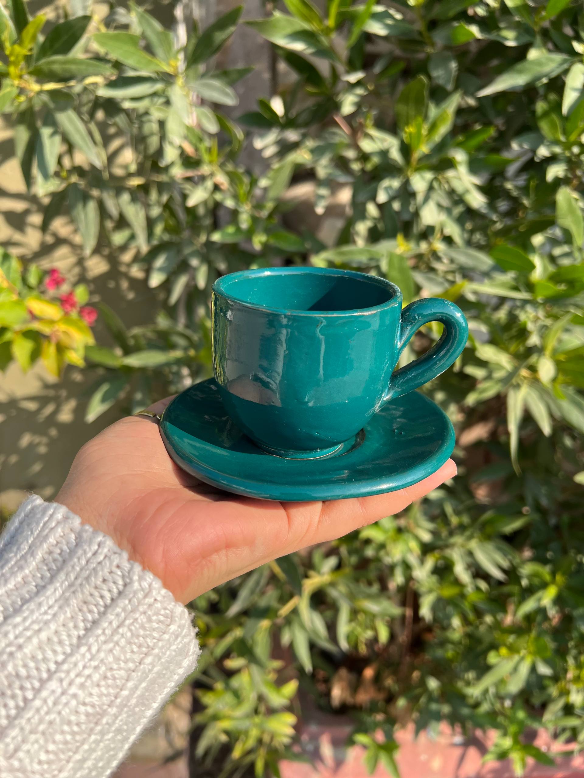 Petrol Green Handmade Pottery Coffee Cup with Saucer – 200 ml | Customization Options