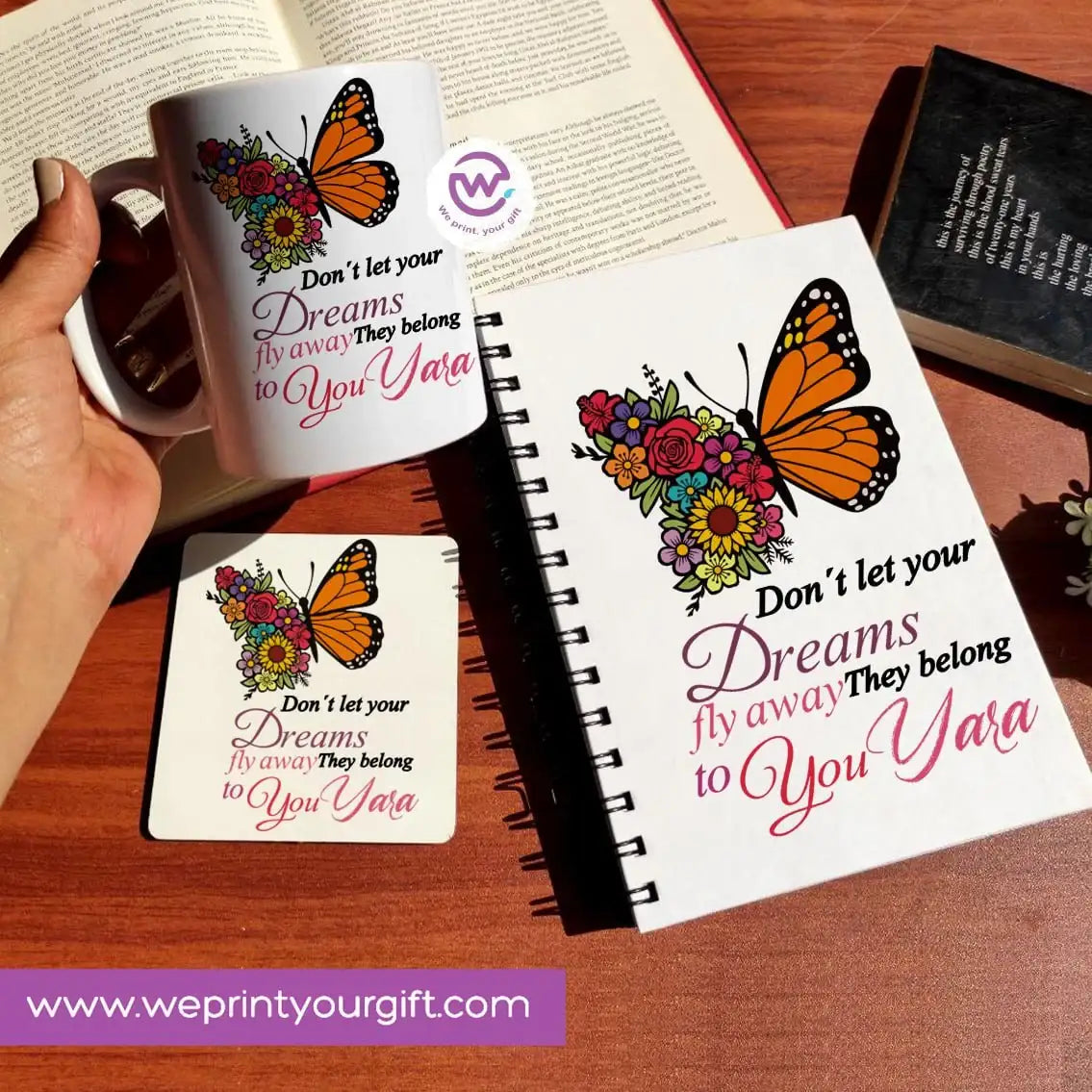 3-Piece Motivational Gift Set | Mug, Wooden Coaster & Hard Cover Notebook - WE PRINT