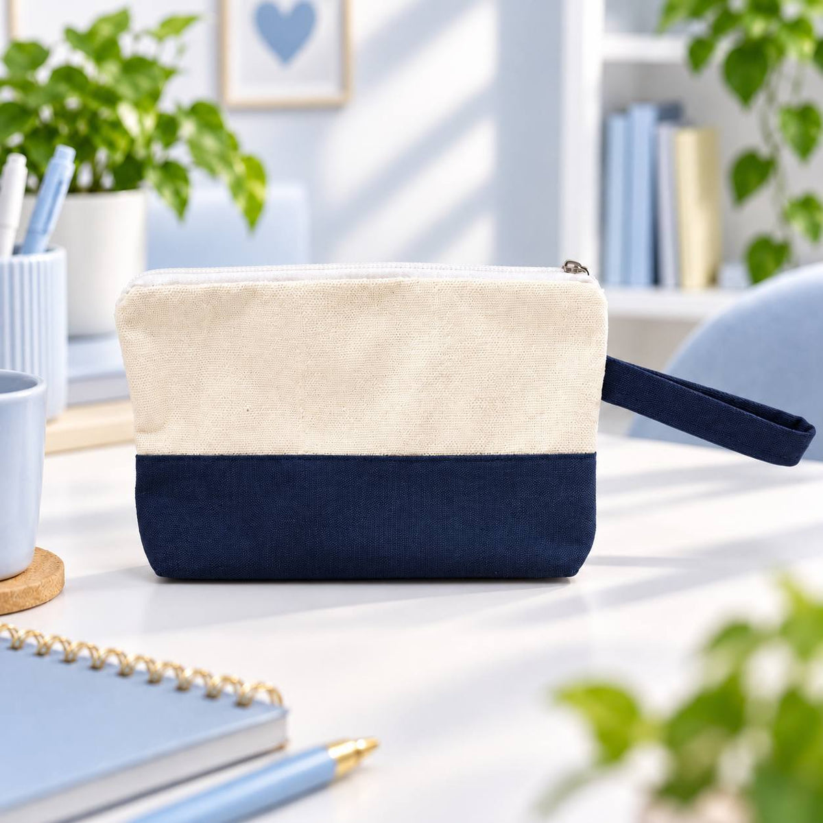 Two-Tone Canvas Pencil Case & Makeup Pouch | With Side Handle -Customization Options