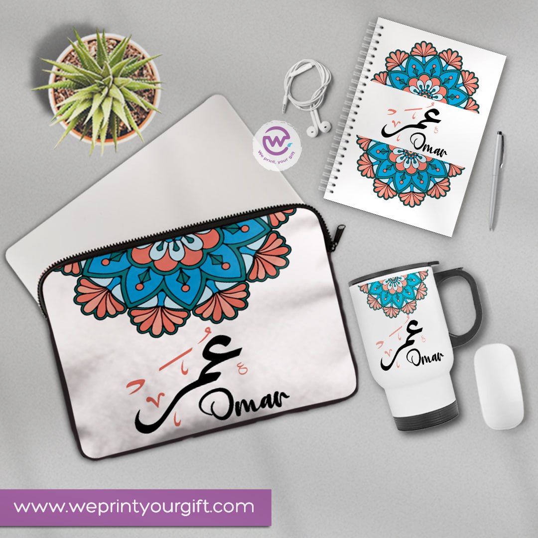 3-Piece Personalized Gift Set | Laptop Sleeve, Travel Mug & Hard Cover Notebook
