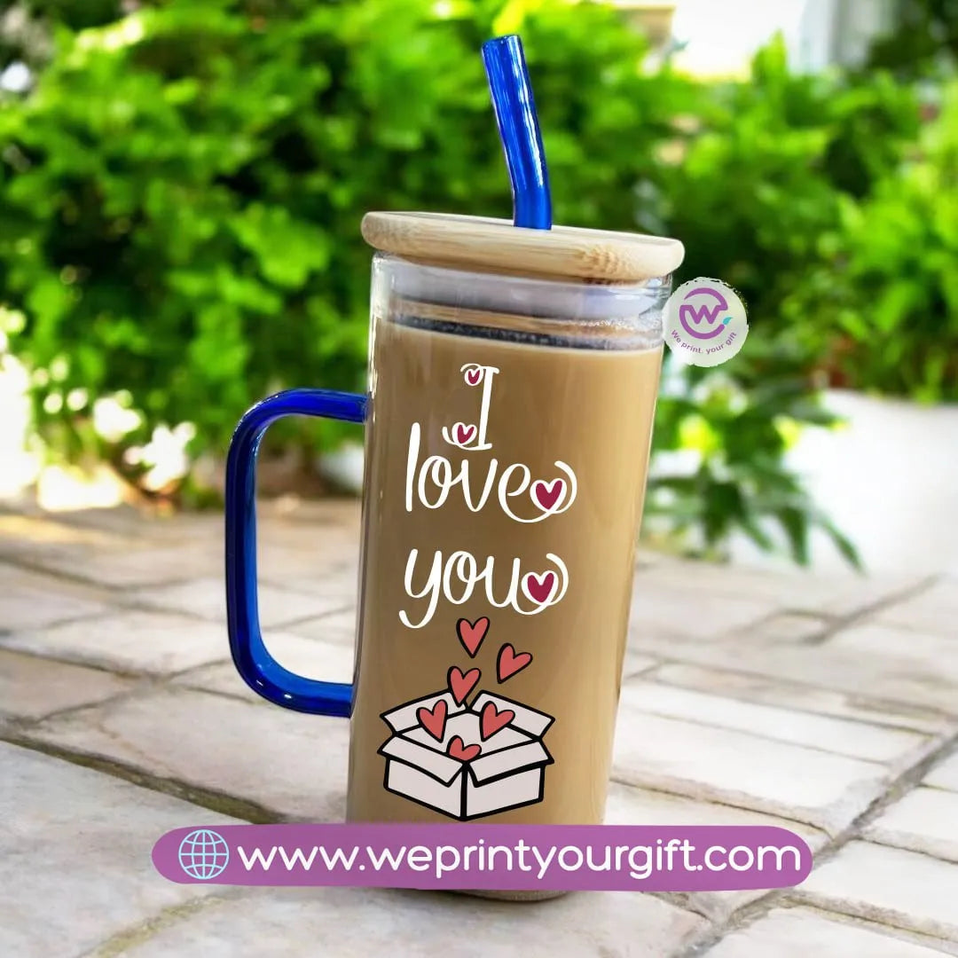 Square Glass Mug with Straw- Valentine’s Day designs - WE PRINT