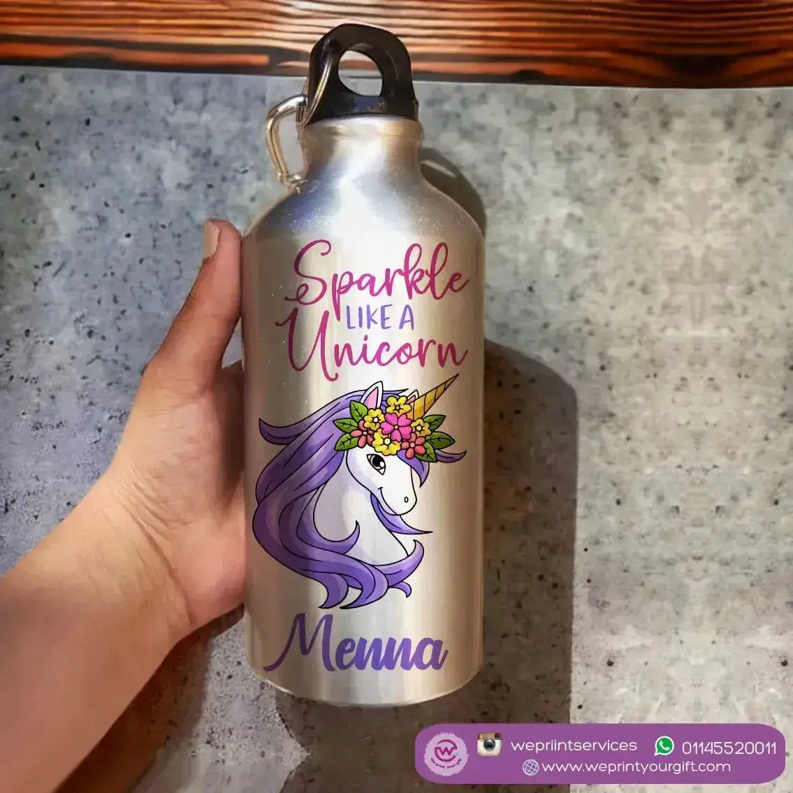 Water Bottle flask -Aluminum -Silver unicorn - WE PRINT