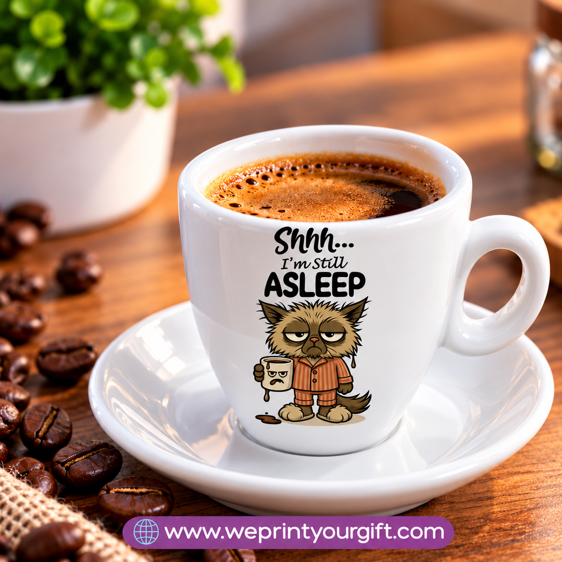 Funny Coffee Lovers Espresso Cups with Saucers – Humorous Coffee Quotes & Designs