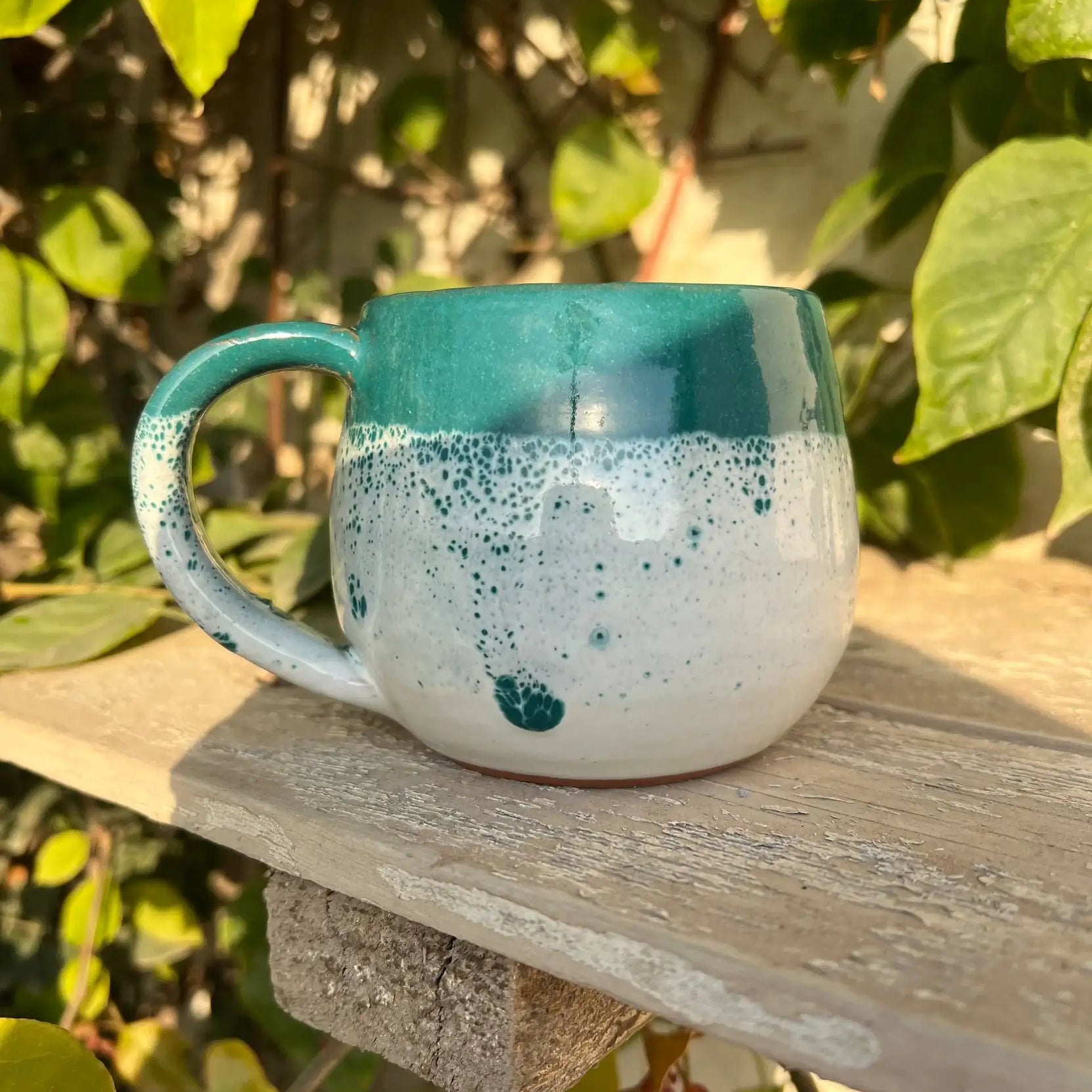 Green & White Handmade Pottery Mug - Customization Options - WE PRINT