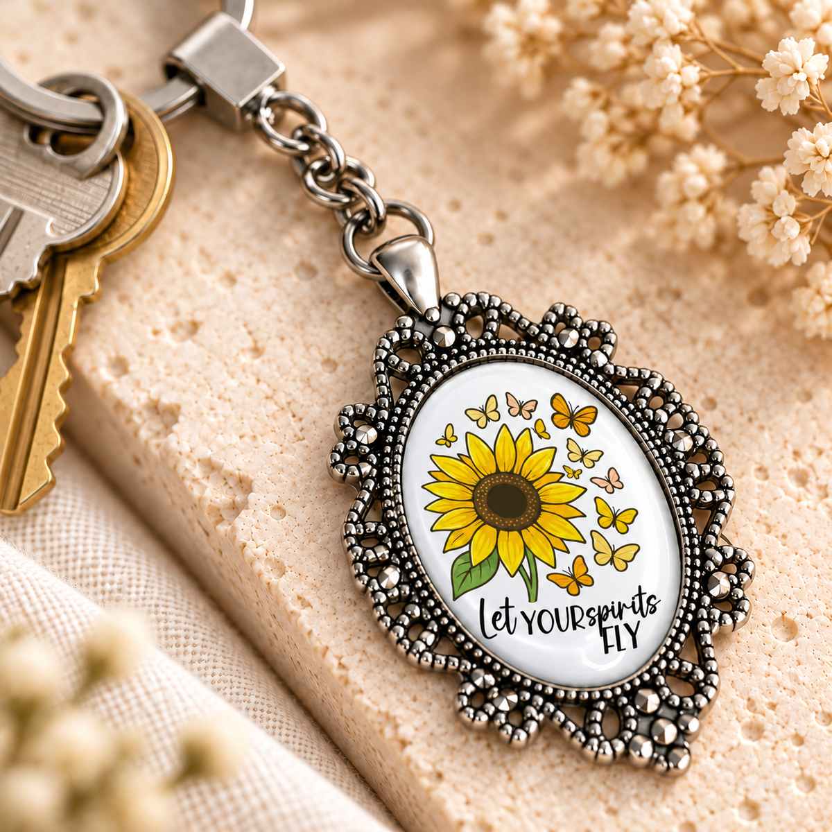 Sunflower Glass Dome Keychain | Ornate Oval Metal Frame