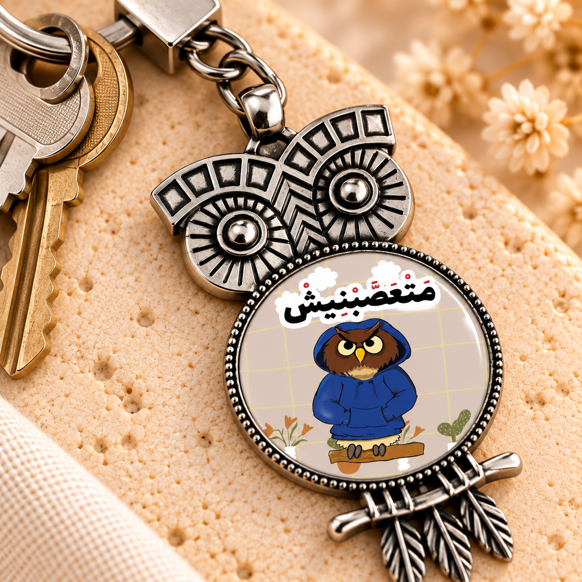 Cute Owl Glass Dome Metal Keychain | Ornate Frame