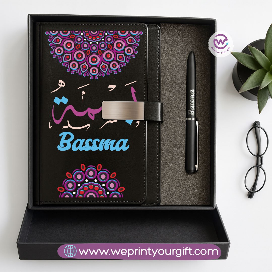 Mandala Personalized Gift Box – Custom Name Leather Notebook & Engraved Pen Set