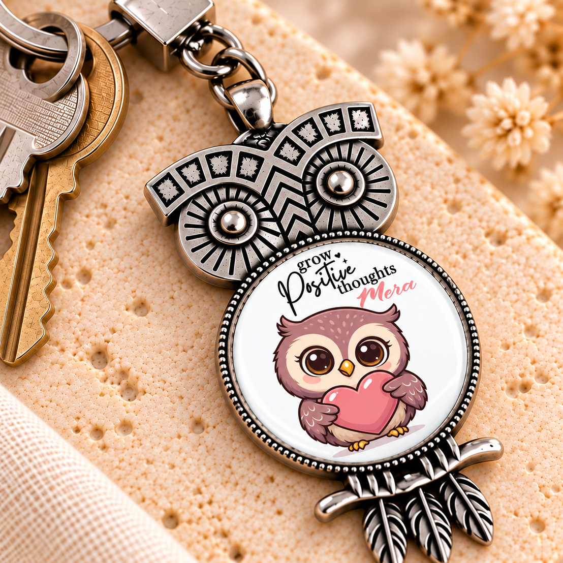 Vintage Glass Dome Metal Keychain | Ornate Owl Shape