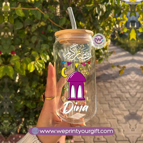 Round Glass Mug with Bamboo Lid & Glass Straw | Ramadan Design - WE PRINT